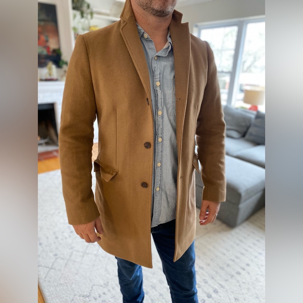 Men’s camel colored topcoat from Banana Republic